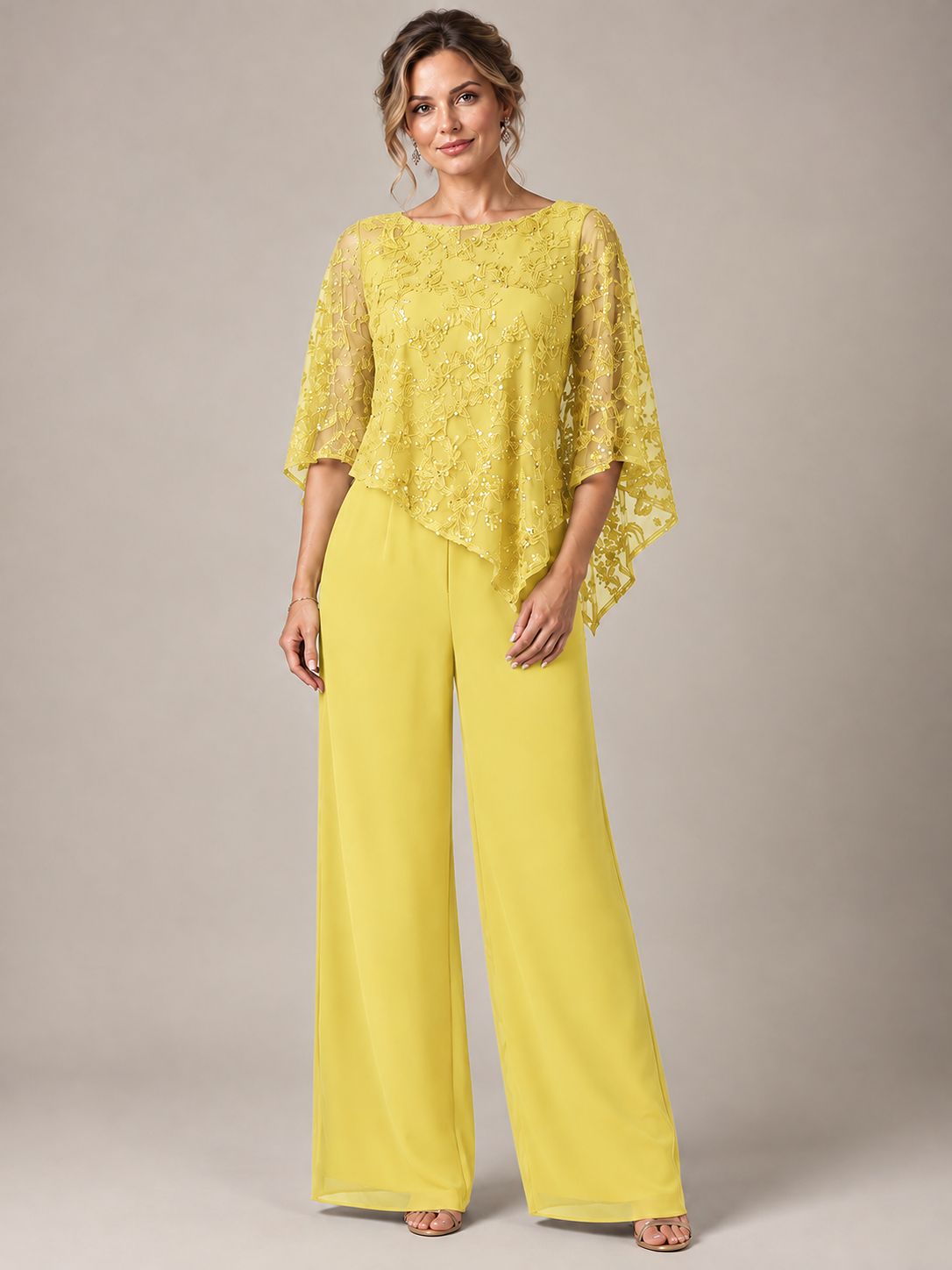 3/4 Sleeve Sequin Chiffon Jumpsuit with Cape