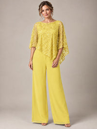 3/4 Sleeve Sequin Chiffon Jumpsuit with Cape
