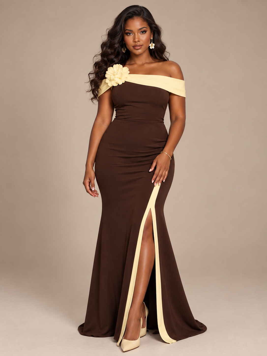 yellow and brown Off-the-Shoulder Floral Applique High-Slit Gown