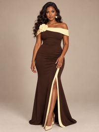 yellow and brown Off-the-Shoulder Floral Applique High-Slit Gown