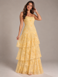 Yellow Tiered Ruffles Floral Embroidery Prom Dress