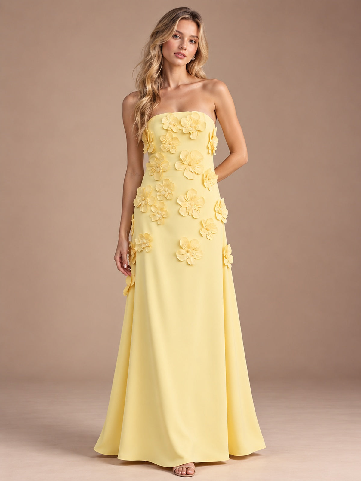 Light Yellow-Strapless 3D Floral A-line Satin Prom Maxi Dress Formal Evening Gown
