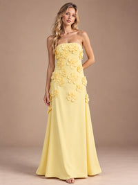 Light Yellow-Strapless 3D Floral A-line Satin Prom Maxi Dress Formal Evening Gown