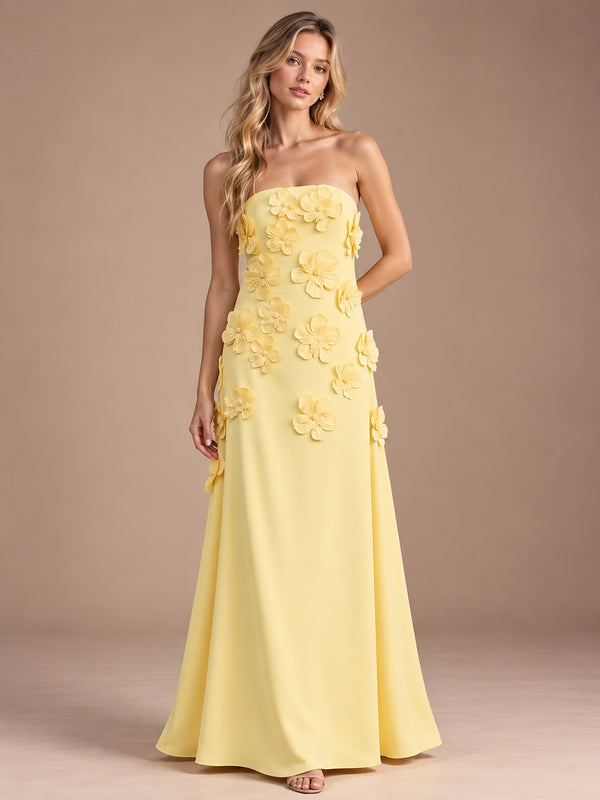 Light Yellow-Strapless 3D Floral A-line Satin Prom Maxi Dress Formal Evening Gown