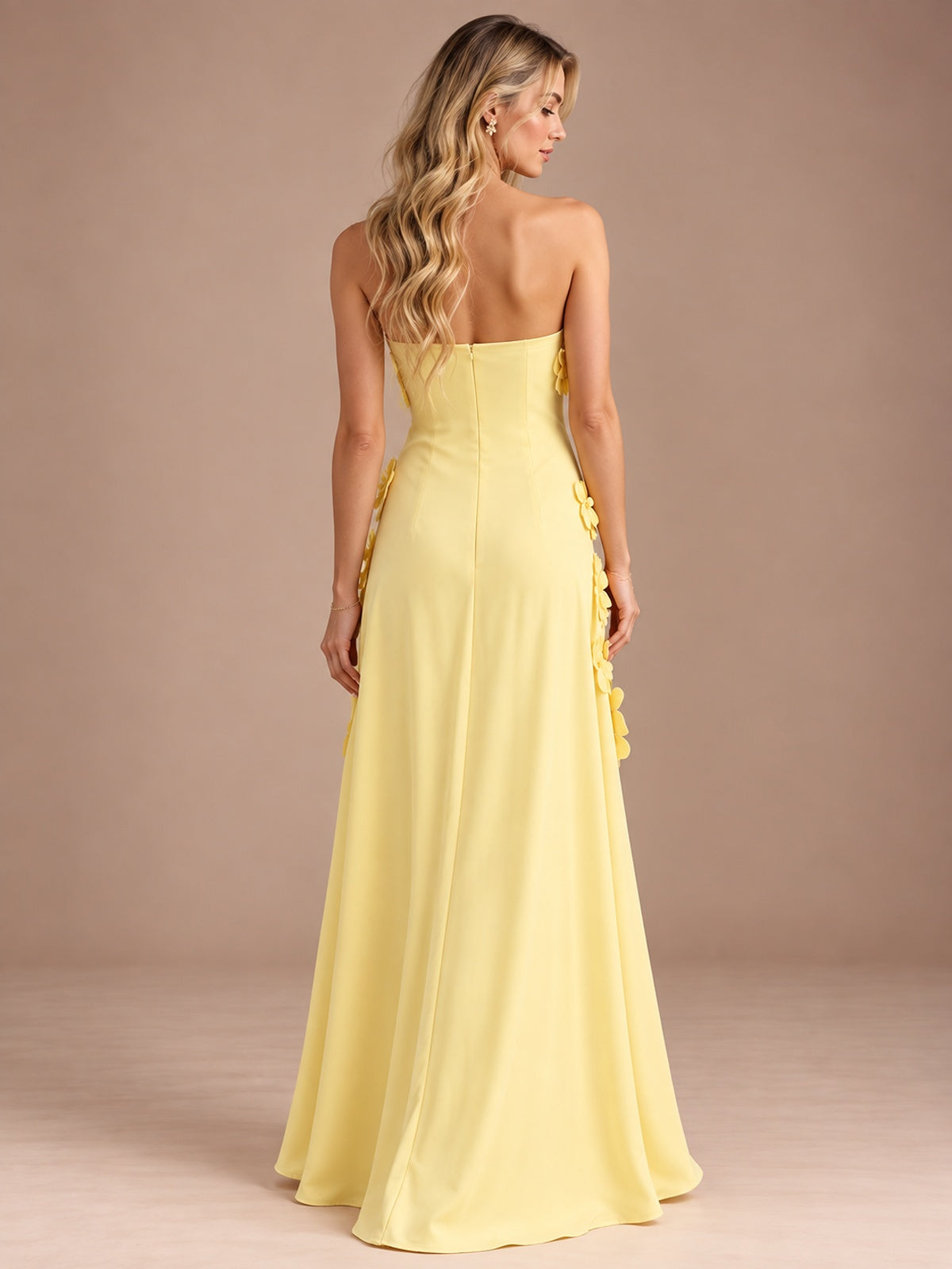 Yellow Strapless A-line Satin Maxi Dress with 3D Floral