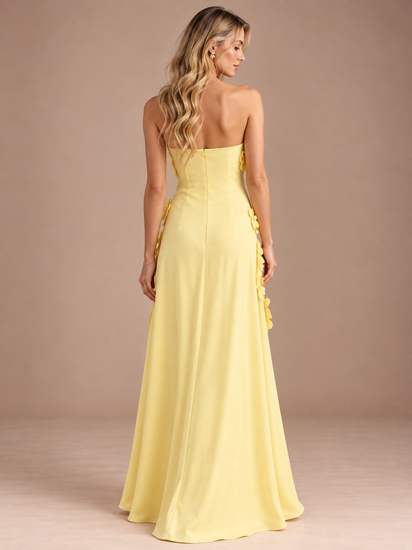 Strapless A-line Satin Maxi Dress with 3D Floral