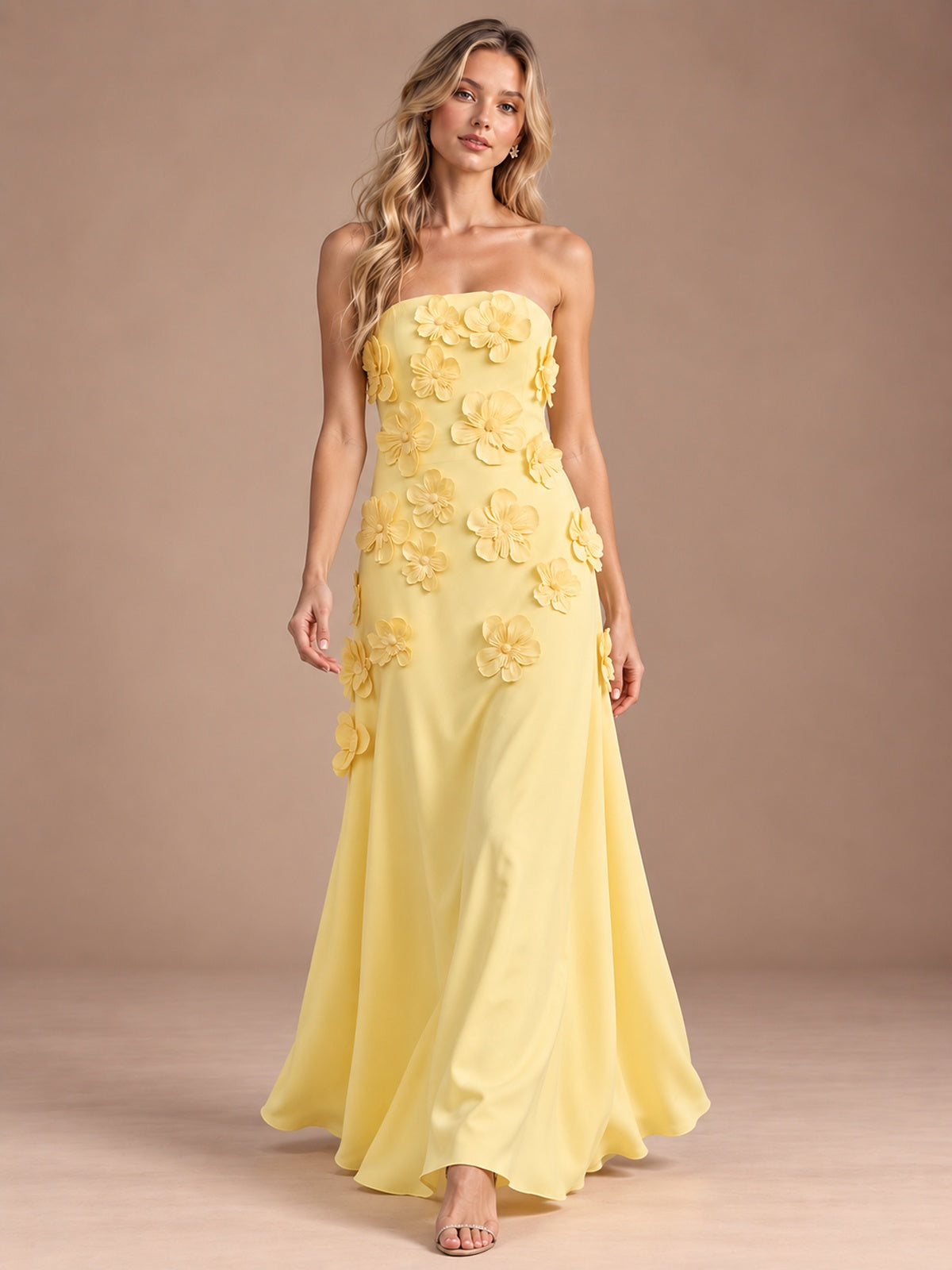 Yellow Strapless A-line Satin Maxi Dress with 3D Floral