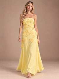 Yellow Strapless A-line Satin Maxi Dress with 3D Floral