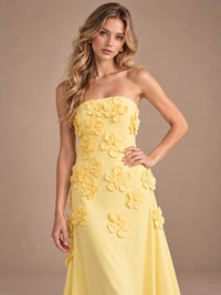Yellow Strapless A-line Satin Maxi Dress with 3D Floral